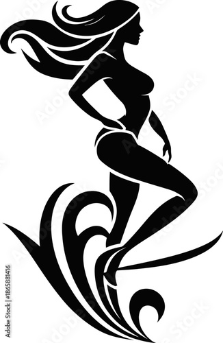 A woman surfer is riding a large wave in the ocean with skill and poise, depicted in a modern black silhouette style