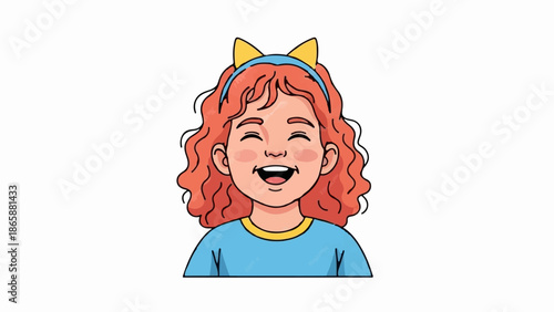 Cheerful girl with curly red hair, wearing a yellow headband and blue shirt