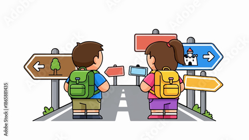 Children at crossroads with backpacks, facing multiple signposts indicating different paths