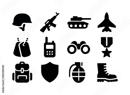 Military Icon Set. Military. Solid icon set of Military: helmet, rifle, tank, jet, dog tags, radio, binoculars, medal, backpack, shield, grenade, boots. Filled
