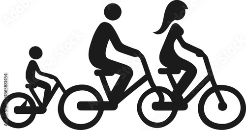 A dynamic family ride featuring happy modern parents and child cycling together in silhouette
