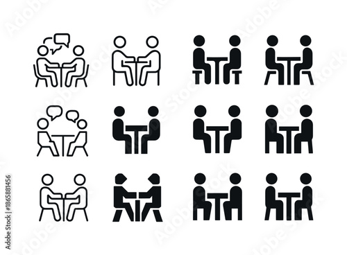 Interactive Logo Variations. interaction. Icon set. Set Logo of interaction: conversation at a table. harmonious logo variations of the same emblematic