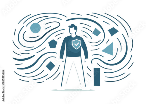Resilient Stance. Resilience building. Person standing firm as swirling challenges pass by; shield icon glowing near heart. Floating geometric shapes showing