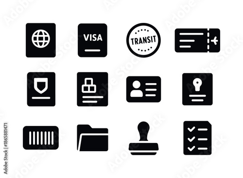 Transit Document Icons. Transit documents. Solid icon set of transit documents: passport, visa, transit stamp, boarding pass, customs declaration, cargo
