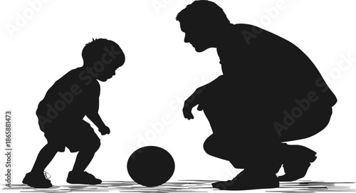 A parent and child are happily playing together with a ball in a playful modern silhouette