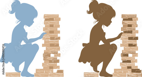 A carefree young girl is happily constructing a tall tower using blocks, capturing a moment of playful innocence