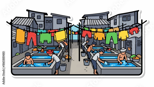 Children laboriously washing clothes in outdoor tubs amidst drab housing and drying laundry
