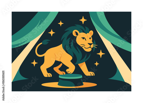 Lion Balancing Spotlight. Lion balancing act. Lion poised on a small platform; swirling spotlight beams framing the scene. Floating star shapes highlighting