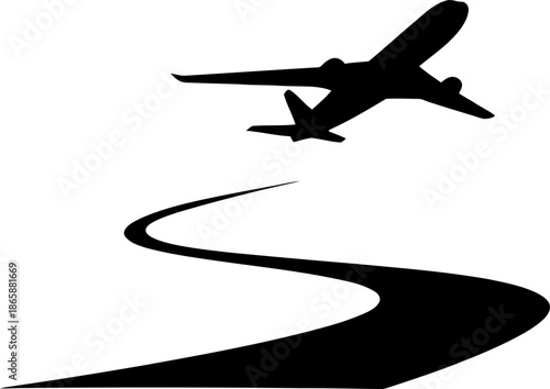 As the sleek airplane lifts off the ground, it leaves behind a curved trail, poignantly symbolizing the ideas of travel, journey, and departure