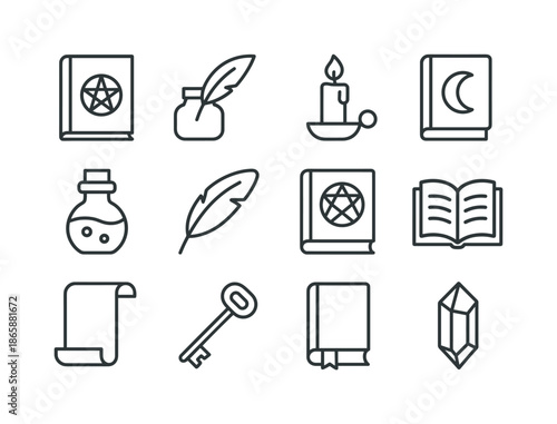 Mystical Icon Set. Mystical books. Line icon set of Mystical books: spellbook, quill pen, candle, moon, potion bottle, feather, magic symbol, open pages,