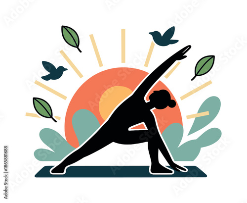 Serene Sunrise Yoga. Sunrise Stretch. A silhouette stretches on a yoga mat with large soft sun rays rising behind. Floating shapes of leaves and birds create a