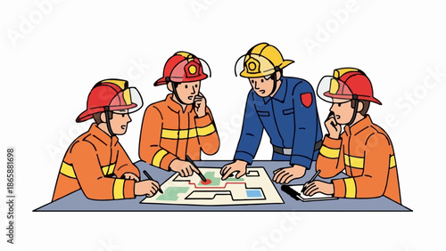 Firefighters in helmets discuss a map plan with red markings