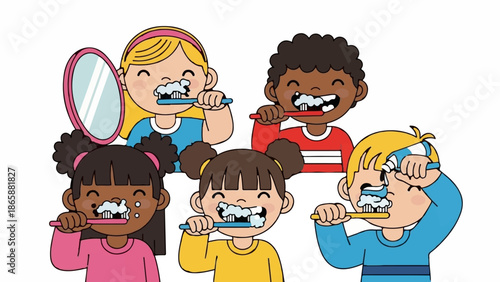 Five cartoon children brush their teeth with toothpaste and brushes