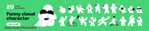 Funny, abstract cloud characters set. Cute whimsical creatures walking, cycling, exercising, reading book, working on laptop, searching, with hearth, coffee, phone. Isolated flat vector illustrations