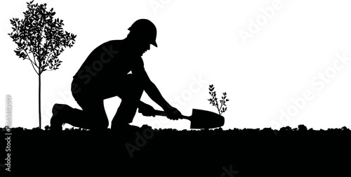 In a sustainable graphic representation, the silhouette of a conservationist is seen actively planting a small tree