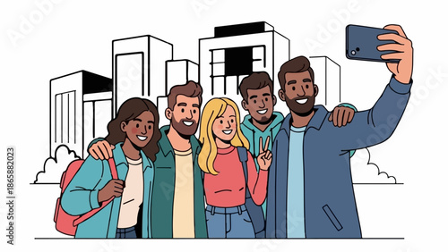 Five diverse friends capture a moment with a selfie against a city skyline