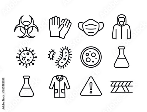 Hazardous Material Icons. Hazardous Material Safety. Line icon set of Hazardous Material Safety: biohazard symbol, gloves, mask, protective suit, virus,
