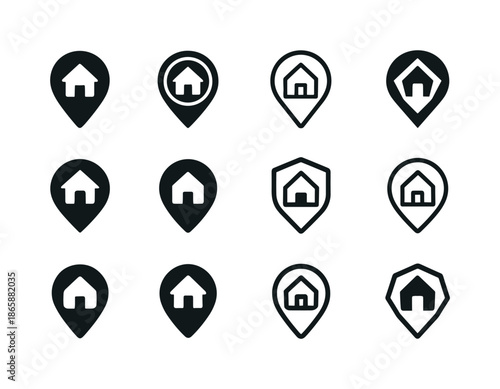 Evacuation Center Icons. Evacuation center. Icon set. Set Logo of evacuation center: safe zone marker. harmonious logo variations of the same emblematic