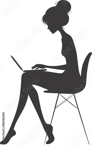 The flat design silhouette of a businesswoman coding on a laptop represents software development and technology