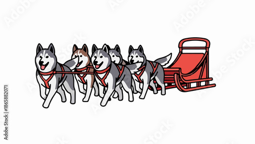 Five sled dogs pull a red sleigh