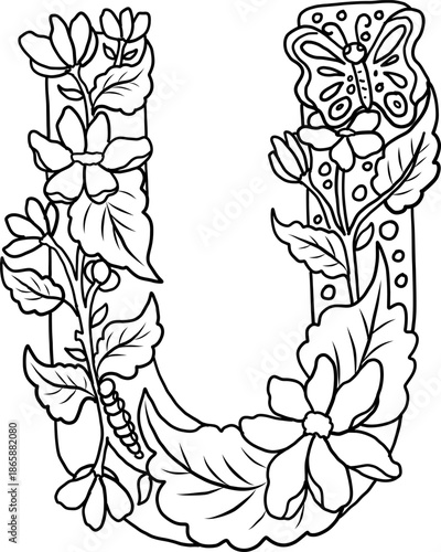 Floral alphabet letter A-Z hand drawn Illustration, Decorative botanical typography for coloring Pages and creative design.Set of flower alphabet.Line art and doodle for t-shirt.Elements with flower.