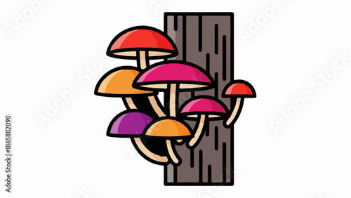 Cluster of brightly colored mushrooms sprouts from a textured, dark tree trunk