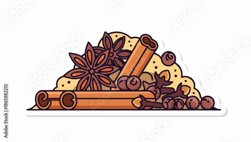 Pile of aromatic spices including star anise, cinnamon sticks, cloves, and peppercorns