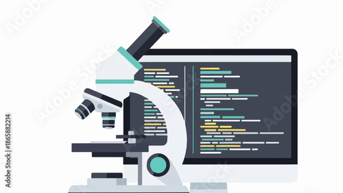Flat illustration of a microscope beside a computer displaying code
