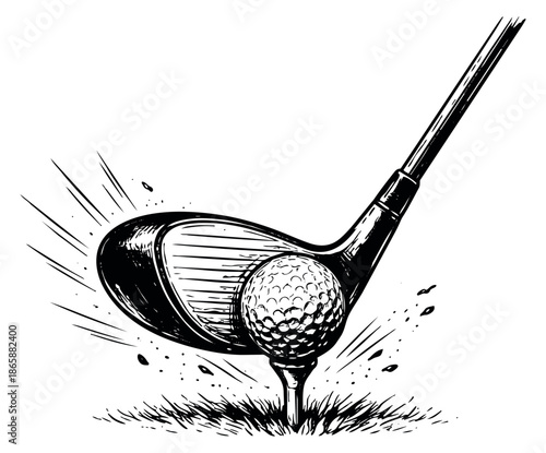 Hand drawn line art illustration of a golf club striking a golf ball on a tee for sports event promotions