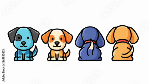 Four cartoon puppies in various colors sit in a line against a white background