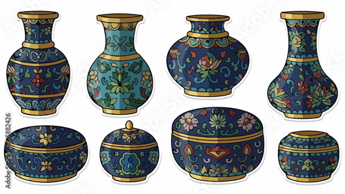 Collection of ornate blue and teal vases and lidded bowls adorned with floral patterns and gold trim