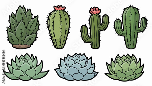 Collection of cartoon cacti and succulents in green and blue hues