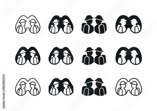 Senior Adventure Icons. Adventure tours for senior travelers. Icon set. Set Logo of adventure tours for senior travelers: binoculars view. harmonious logo