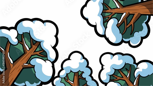 Four cartoonish trees with snow-covered branches against a white background