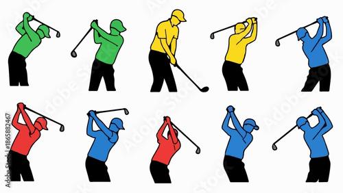 Collection of cartoon golfers in mid-swing, each rendered in a solid color