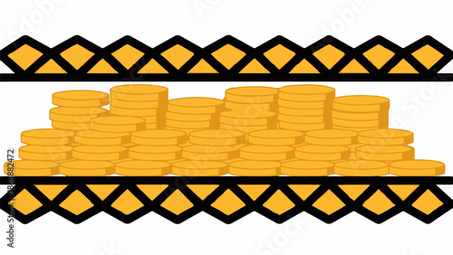 Piles of shiny gold coins stacked high on a decorated platform