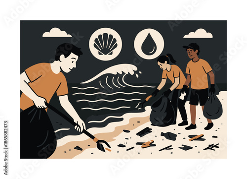 Beach Cleanup Effort. Ocean cleanup. Volunteers collecting drifting debris from the shore; clean wave lines washing in. Shell and water-drop icons symbolizing