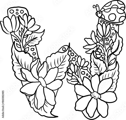 Floral alphabet letter A-Z hand drawn Illustration, Decorative botanical typography for coloring Pages and creative design.Set of flower alphabet.Line art and doodle for t-shirt.Elements with flower.