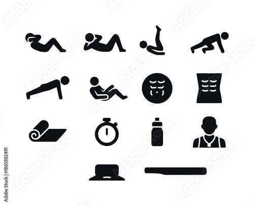 Abdominal Exercises Icons. Abdominal exercises. Solid icon set of Abdominal exercises: sit-up, crunch, leg raise, mountain climber, plank, twisting motion,