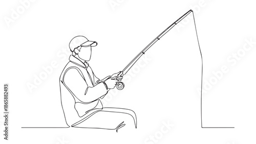 Continuous one line drawing of a person fishing with a rod, depicting a tranquil outdoor hobby and leisure activity