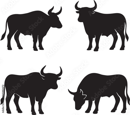 set of black silhouettes of ox