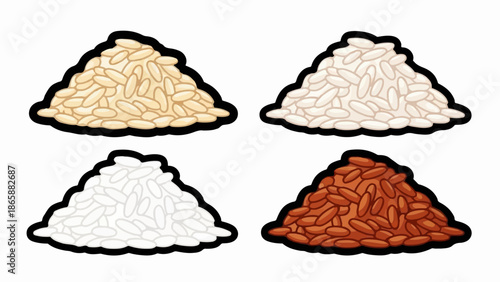Four piles of rice golden, white, white, and brown