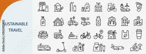 Set of 32 Sustainable Travel and Eco Friendly Tourism Line Vector Icons