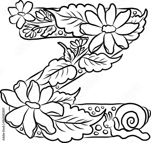Floral alphabet letter A-Z hand drawn Illustration, Decorative botanical typography for coloring Pages and creative design.Set of flower alphabet.Line art and doodle for t-shirt.Elements with flower.