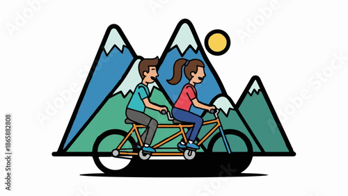 Couple enjoys a tandem bike ride amidst stylized mountains under a bright sun
