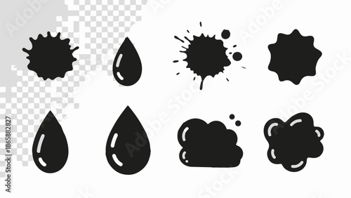 Diverse black ink blots and water drops on a checkered and white background