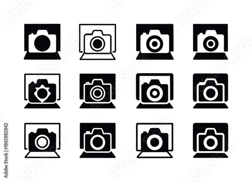 Studio Portrait Icons. Taking portraits in a studio. Icon set. Set Logo of Taking portraits in a studio: DSLR camera. harmonious logo variations of the same