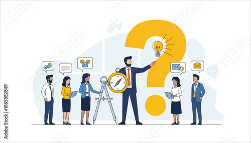 Business team collaborating to find solutions and strategies for complex problems, guided by a leader pointing towards a question mark with an idea lightbulb.