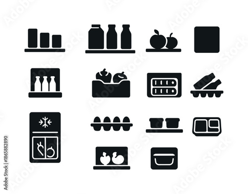 Fridge Organization Icons. Fridge organization zones. Solid icon set of Fridge organization zones: top shelf, middle shelf, bottom shelf, door shelf, crisper