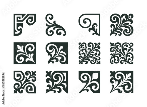 Vintage Emblematic Patterns. Vintage Patterns. Icon set. Set Logo of Vintage Patterns: baroque frame corner with elegant curls. harmonious logo variations of